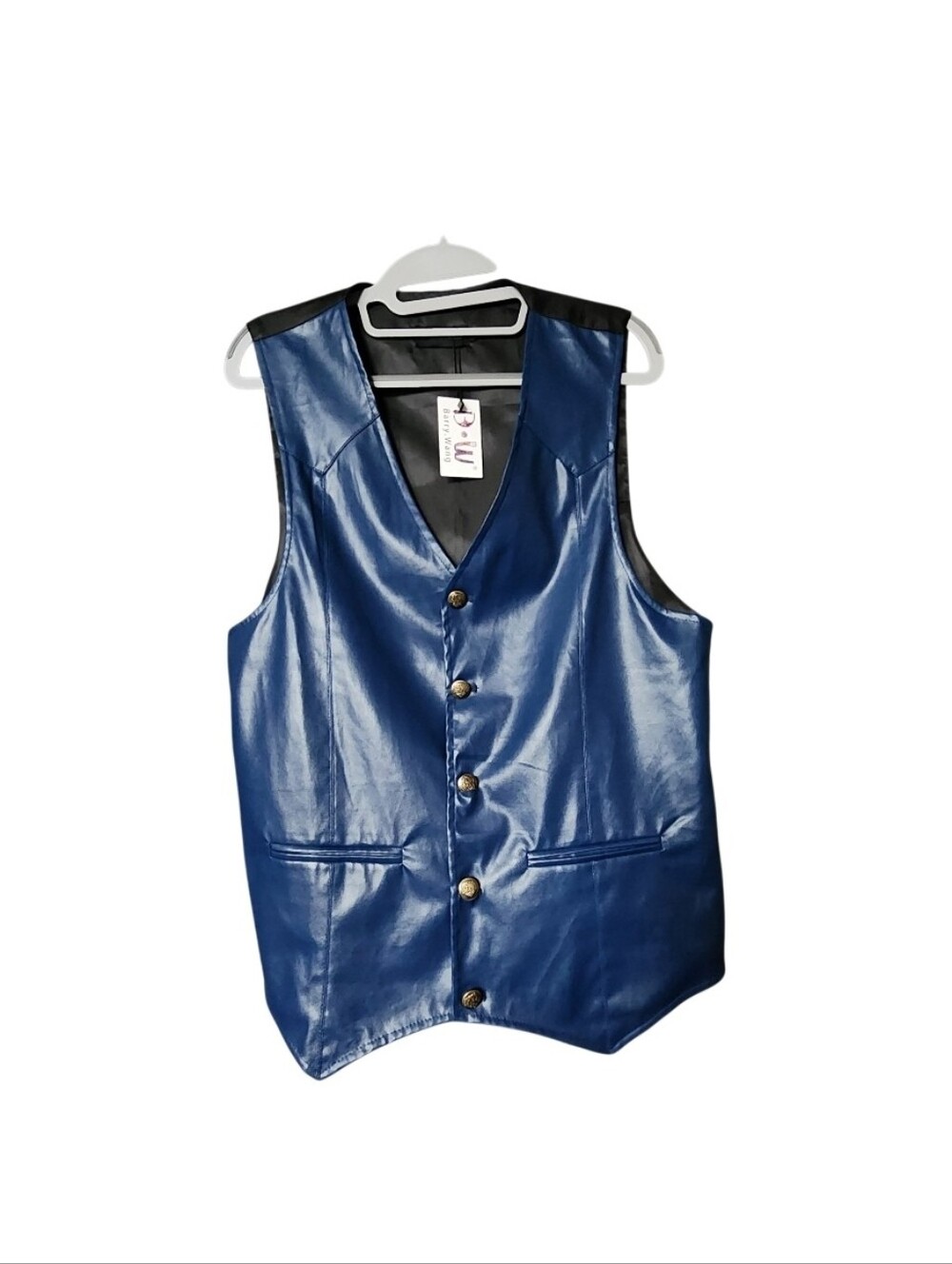 Blue Faux Leather Men's Vest - Classic Button Front